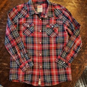 Levi's Cowboy Western Pearl Snap Shirt Large Plaid Smiley USA Vintage 13-15 YRS